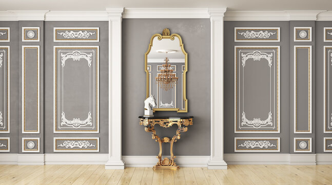 3D render of a classic interior wall decorated in gray color with parquet and mirror. 3d illustration ilustración de Stock | Adobe Stock 3D Render Of A Classic Interior Wall Decorated In Gray Color With Parquet And Mirror. 3D Illustration Ilustración De Stock | Adobe Stock