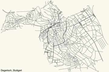 Black simple detailed street roads map on vintage beige background of the quarter Stadtbezirk Degerloch district of Stuttgart, Germany