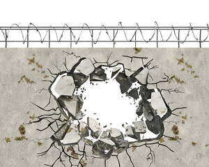 A hole with blowing pieces in wall with barbed wire, escape concept, 3d illustration - obrazy, fototapety, plakaty