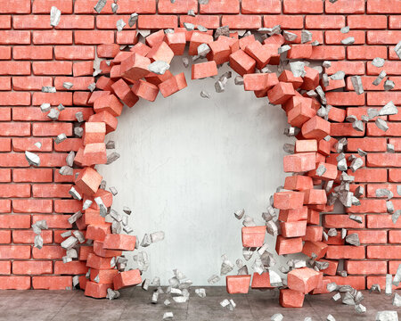 A hole in red brick wall with blowing pieces of bricks and plaster and the wall beside the hole, 3d illustration