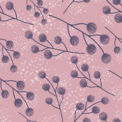 Purple random berry silhouettes seamless pattern in hand drawn style. Lilac background with shapes.