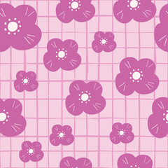 Random purple scandinavian flowers seamless pattern. Lilac pastel chequered background. Doodle ornament.