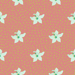Decorative blue orchid flowers silhouettes seamless pattern in doodle style. Pink dotted background.