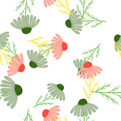 Isolated nature seamless pattern with pink and green random chamomile flowers. White background.