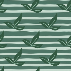 Hand drawn nature seamless pattern with doodle minimalistic leaf print on striped background.
