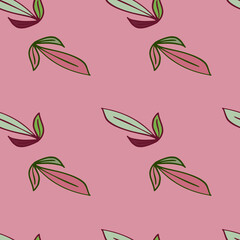 Pink palette seamless floral pattern with doodle leaves outline ornament. Doodle abstract print.