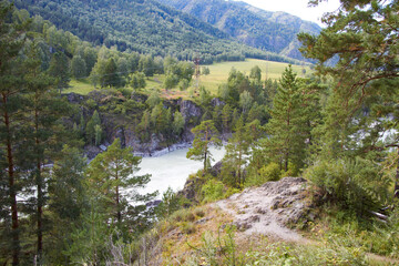 Fototapeta na wymiar Beautiful views from the mountain to the Katun River in the Altai Mountains Russia