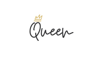 Queen word lettering with gold doodle crown. Vector illustration, calligraphic style text.