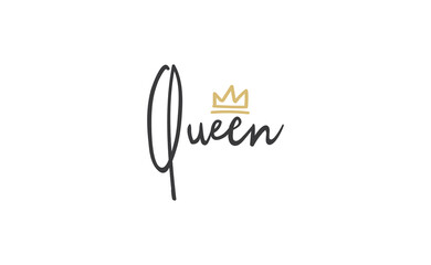 Queen word lettering with gold doodle crown. Vector illustration, calligraphic style text.