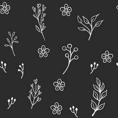 Floral and herbal ornaments seamless pattern. Hand drawn leaves and branches texture background. Nature doodles decoration.