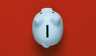 Piggy bank on red background. Minimalistic studio shot. Overhead view. Flat lay.