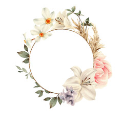 Floral frame with pastel flowers, can be used as invitation card for wedding, birthday and other holiday and  summer background. Botanical art. Watercolor