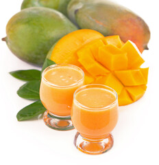 Glass of fresh mango juice. Glass of fresh mango smoothie isolated on white background