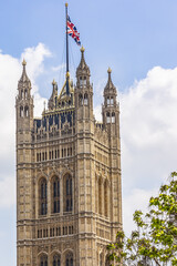 Obraz na płótnie Canvas Victoria Tower - largest and tallest (98 m) tower of Palace of Westminster. Palace of Westminster (or Houses of Parliament) located in City of Westminster, London.