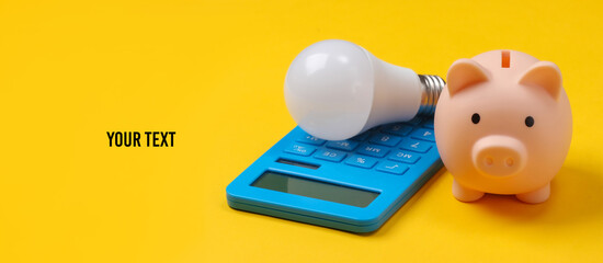 Piggy bank and led light bulb, calculator on yellow background. Energy saving. Minimalistic studio...