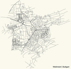 Black simple detailed street roads map on vintage beige background of the quarter Stadtbezirk Weilimdorf district of Stuttgart, Germany