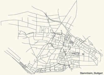 Black simple detailed street roads map on vintage beige background of the quarter Stadtbezirk Stammheim district of Stuttgart, Germany