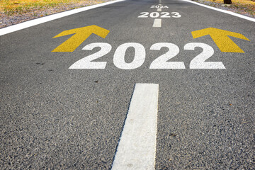 Year 2022 to 2024 and yellow arrow sign marking on road surface for giving directions. Business recovery success concept and challenge effort idea
