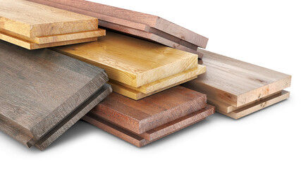 Different wooden parquet boards samples on a white background, 3d illustration - obrazy, fototapety, plakaty