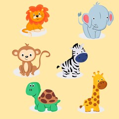 Animal set. Safari Animals. Print for t-shirt, bedding or clothing. Children's animals. Lion, elephant, monkey, zebra, turtle and giraffe.