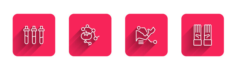 Set line Reagent bottle, Genetically modified food, Prosthesis hand and Medical rubber gloves with long shadow. Red square button. Vector