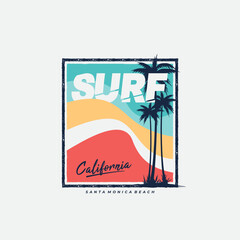 Vector illustration on the theme of surf rider and surfing in hawaii beach. palm background. Vintage design for t shirt print,etc.
 - obrazy, fototapety, plakaty