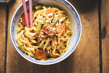 Pad thai tofu, pasta with tofu and vegetables, nuts