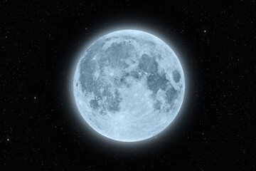 Full supermoon blue cold with halo glowing surrounded by stars on black night sky background
