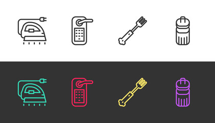 Set line Electric iron, Digital door lock, Fork and Trash can on black and white. Vector