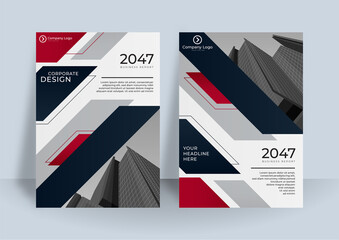 Brochure blue red cover design layout set for business and construction. Abstract geometry whith colored cityscape vector illustration on background. Good for annual report, industrial catalog design.