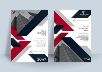 Brochure blue red cover design layout set for business and construction. Abstract geometry whith colored cityscape vector illustration on background. Good for annual report, industrial catalog design.