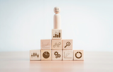 Stack woods block step on table. business development and targeting business choose concept.Planning of business concepts