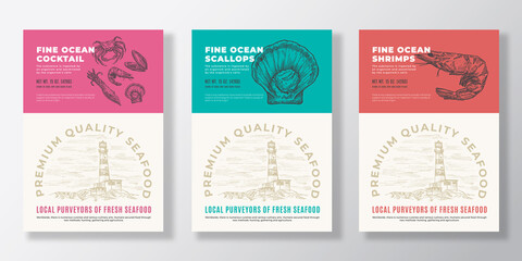 Seafood Vector Packaging Design or Label Templates Set. Ocean and Sea Products Banners. Modern Typography and Hand Drawn Lobster, Squid Crab and Mussel Shell Silhouettes Backgrounds Layout Collection.