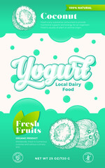 Fruits and Berries Yogurt Label Template. Abstract Vector Dairy Packaging Design Layout. Modern Typography Banner with Bubbles and Hand Drawn Coconuts Sketch Silhouette Background. Isolated