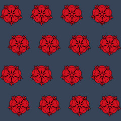 Pattern with a red-black heraldic rose on a dark blue background