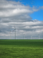 Fototapeta na wymiar Eolian farm renewable energy in fresh green field against clear blue sky