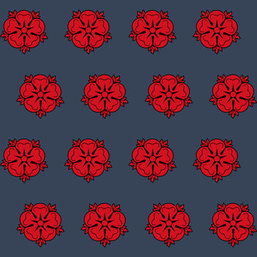Pattern With A Red-black Heraldic Rose On A Dark Blue Background