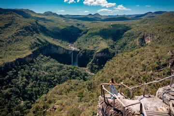 aerial drone image of waterfall in chapada dos veadeiros national park in brazil