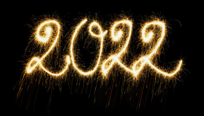 Sparkling Year 2022 painted with sparkles. Written on a deep black background.