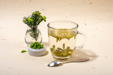 Glass of spruce tips tea.