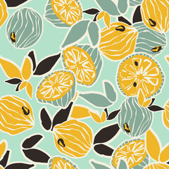 Colorful hand-drawn lemons and limes in vector seamless pattern. Contemporary bright summer background with trendy colors