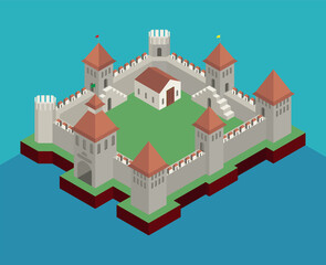 Isometric image of a medieval fortress. 3D isometric drawing