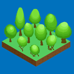 Set of isometric simple trees and bushes. Drawing plants on an isometric grid in 3D
