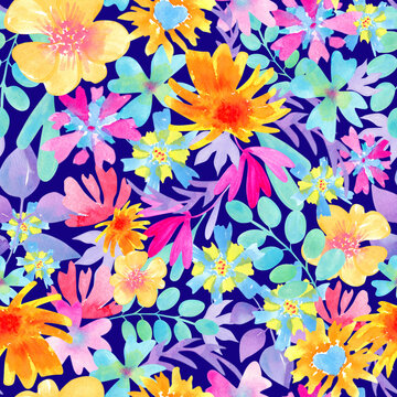 Watercolor seamless floral pattern with bright colorful flowers and leaves on a dark blue background. Folk style print.