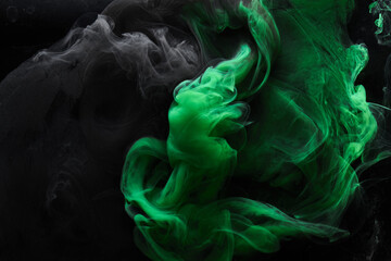 Fototapeta premium Abstract dance of green and black smoke under water, paint in water, colorful cloud in motion. Fluid art wallpaper, liquid vibrant colors