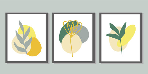 abstract leaves set of posters. hand drawn. vector, trendy colors 2021, minimalism. prints for t-shirt, card, sticker.