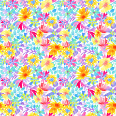 Fototapeta na wymiar Small watercolor flowers seamless floral pattern. Colorful ditsy print. 