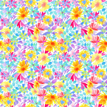 Small watercolor flowers seamless floral pattern. Colorful ditsy print. 