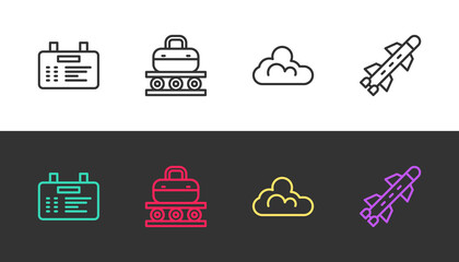 Set line Airport board, Conveyor belt with suitcase, Cloud weather and Rocket on black and white. Vector