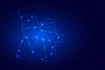 Abstract Map of Angola from polygonal blue lines and glowing stars on dark blue background. Vector illustration eps10